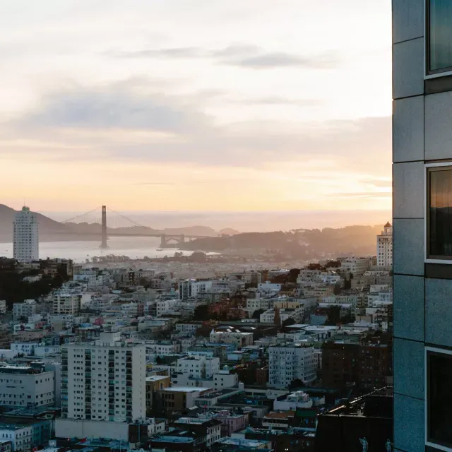 The San Francisco city skyline is seen from the Four Seasons Hotel San Francisco At Embarcadero.